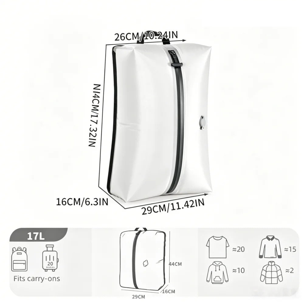 Sac compression voyage CompressVac 17L étanche IP67 avec vêtements compressés