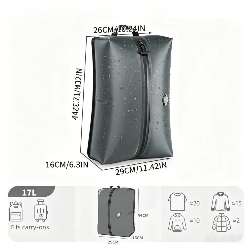 Sac compression voyage CompressVac 17L étanche IP67 avec vêtements compressés