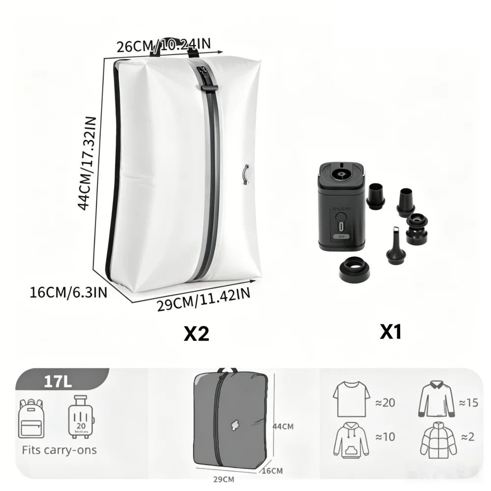 Sac compression voyage CompressVac 17L étanche IP67 avec vêtements compressés