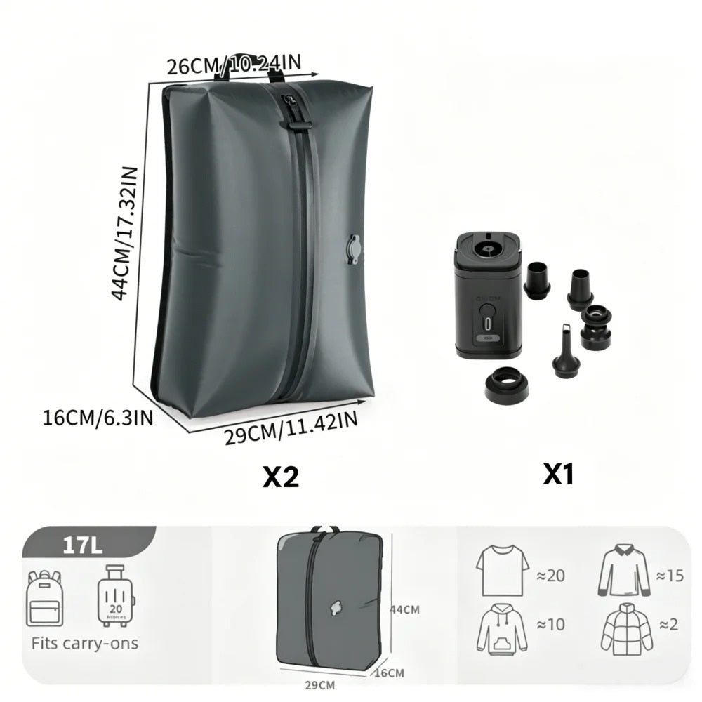 Sac compression voyage CompressVac 17L étanche IP67 avec vêtements compressés