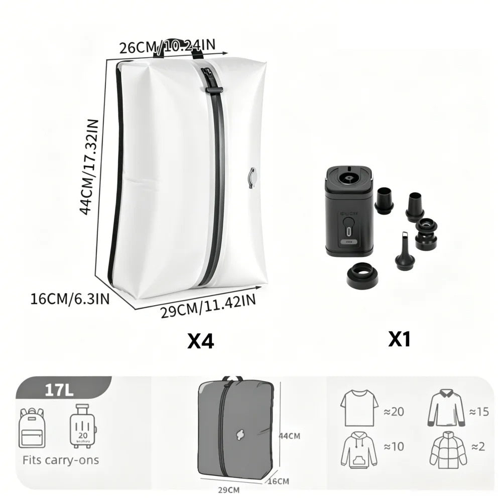 Sac compression voyage CompressVac 17L étanche IP67 avec vêtements compressés