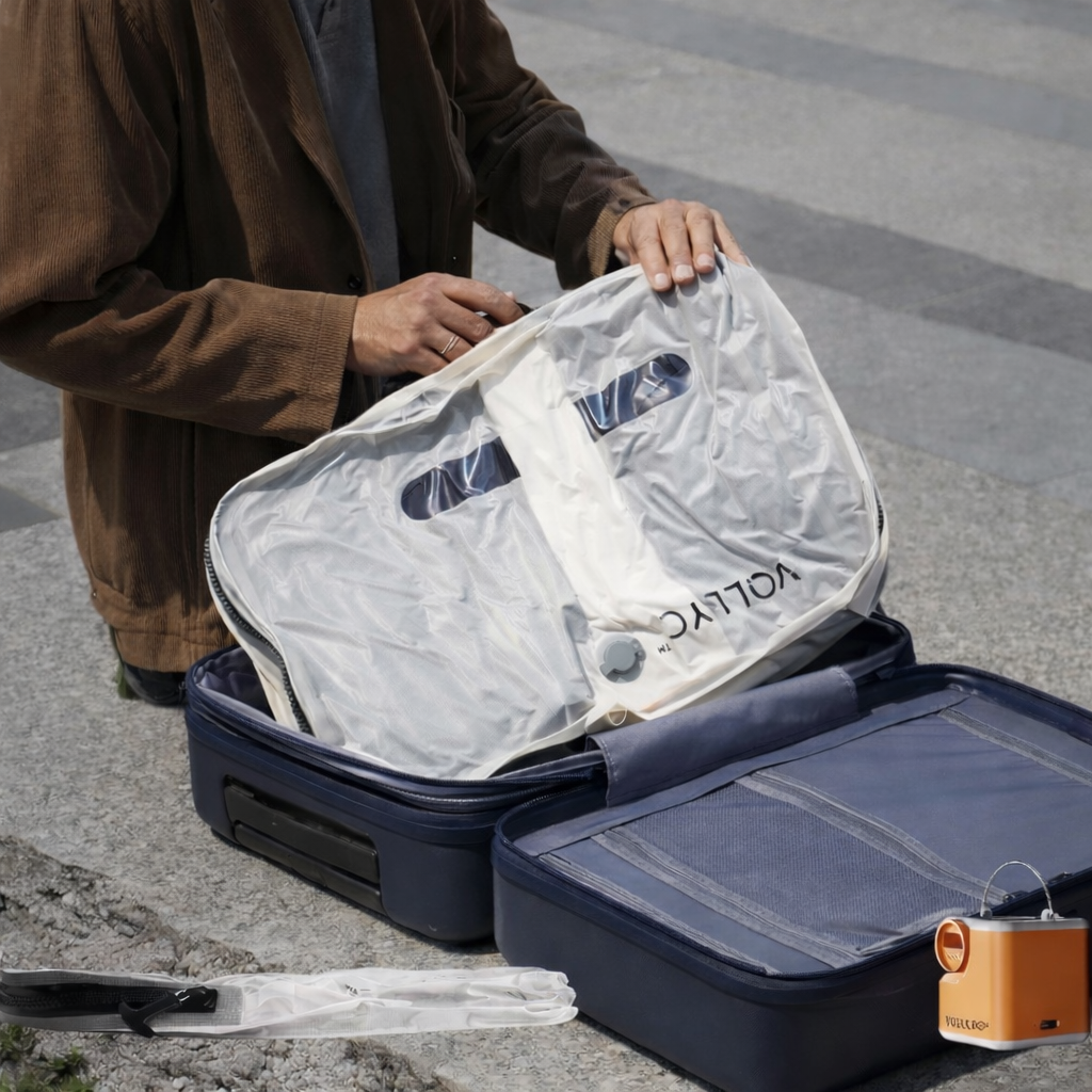 Sac de compression voyage placé dans une valise cabine pour optimiser l’espace de rangement.