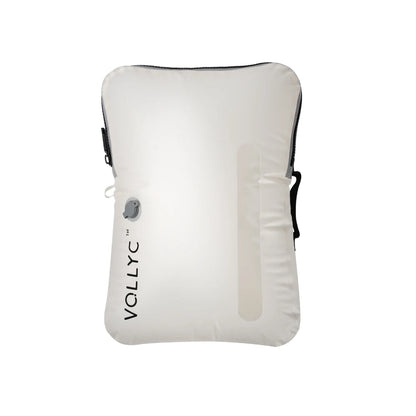 Détails techniques du sac de compression voyage avec zip étanche, valve anti-retour et poignées de transport.