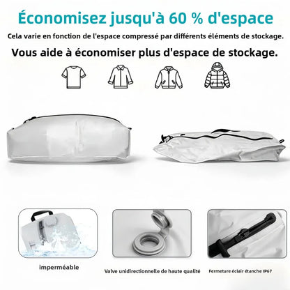 Sac compression voyage VacoPump 17L blanc avec pompe électrique à côté