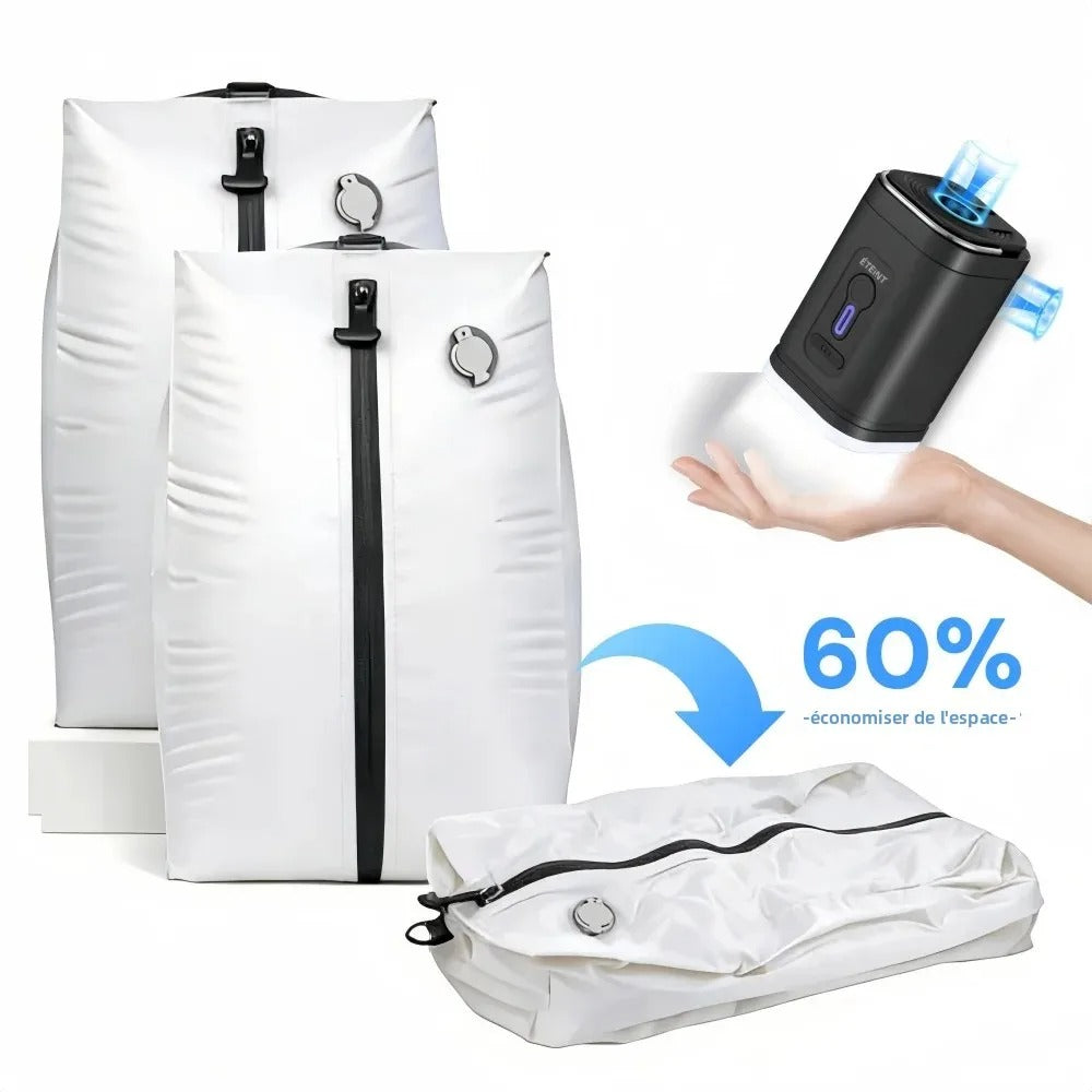 Sac compression voyage VacoPump 17L blanc avec pompe électrique à côté