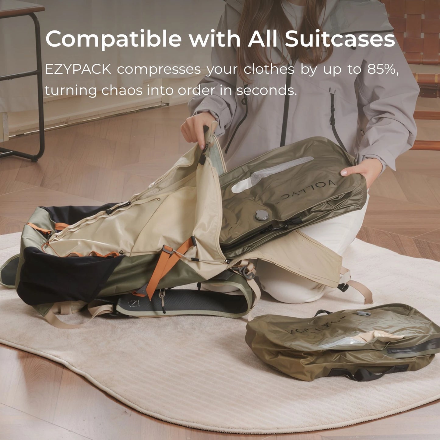 Sac compression voyage VoliVac 18-55 L  avec pompe NanoPump5 et vetements compresses