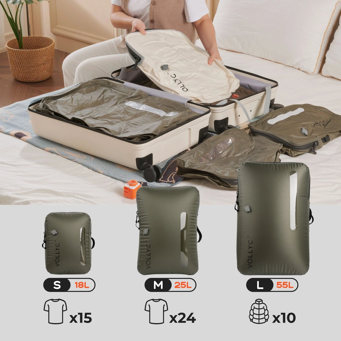 Sac compression voyage VoliVac 18-55 L  avec pompe NanoPump5 et vetements compresses