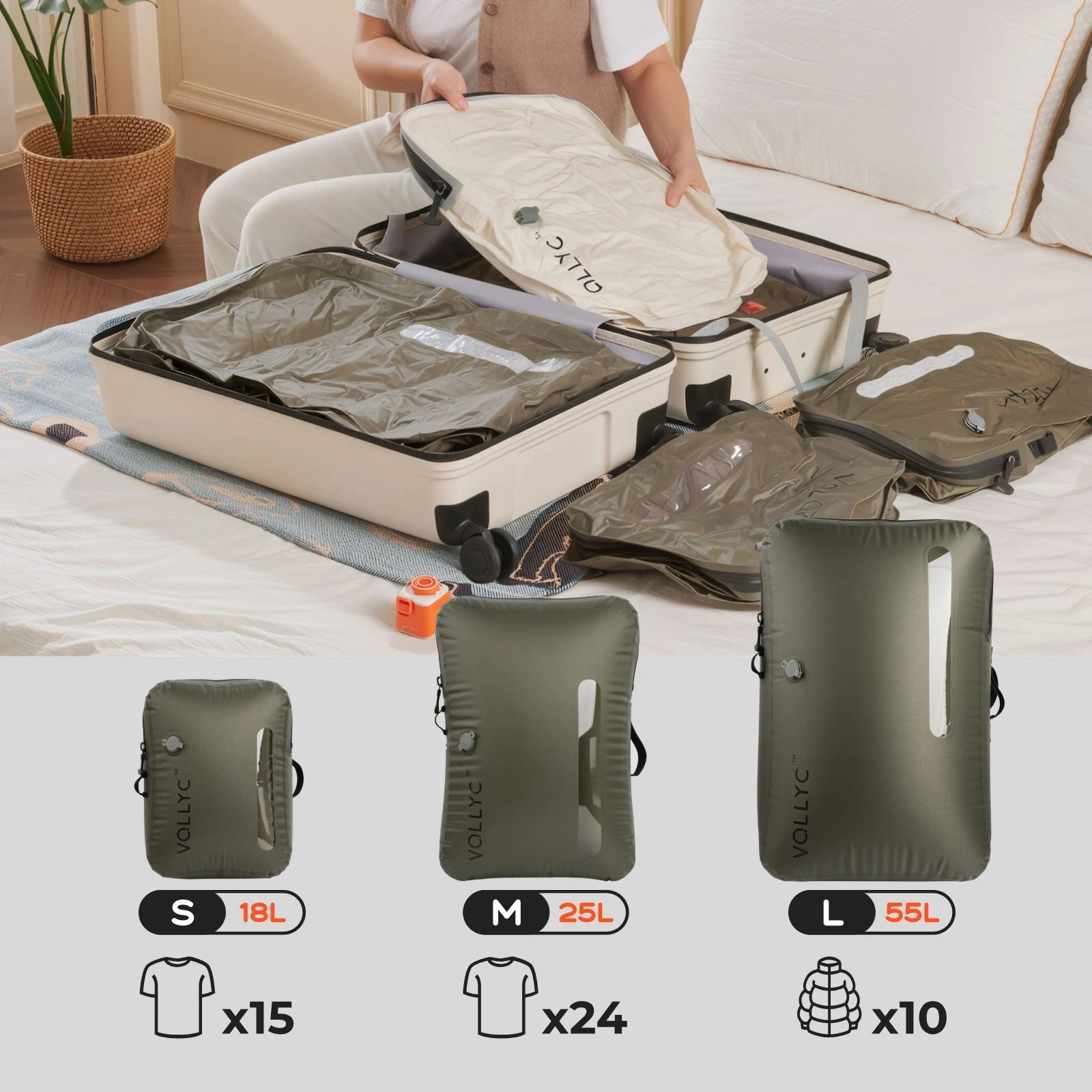 Sac compression voyage VoliVac 18-55 L  avec pompe NanoPump5 et vetements compresses