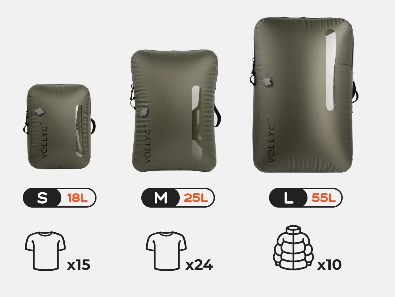 Sac compression voyage VoliVac 18-55 L  avec pompe NanoPump5 et vetements compresses