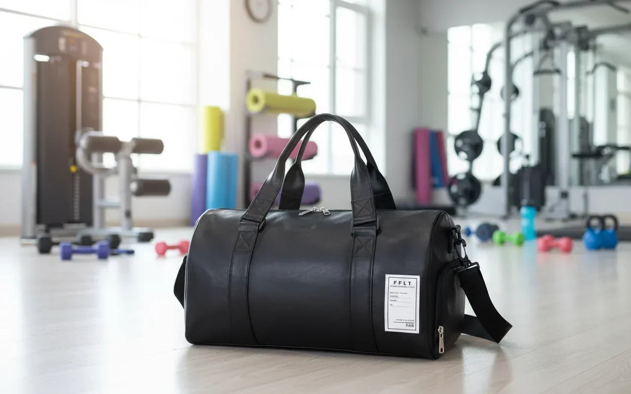 Sac de sport noir FFLT Paris posé dans une salle de fitness, équipement de gym moderne.