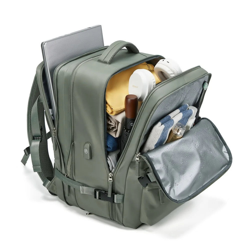 Sac de voyage à dos gris avec grande ouverture et compartiments organisés, sac à dos de voyage extensible pour avion, sac ouvert