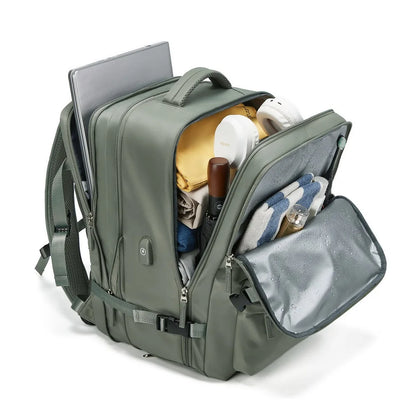 Sac de voyage à dos gris avec grande ouverture et compartiments organisés, sac à dos de voyage extensible pour avion, sac ouvert