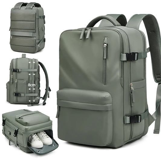 Sac de voyage à dos vert avec grande ouverture et compartiments organisés, sac à dos de voyage extensible pour avion, avec option de rangement