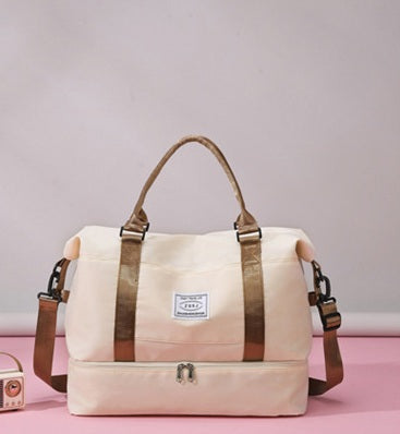 sac de voyage cabine FlexCarry beige, grand format avec anses marron, rangement chic