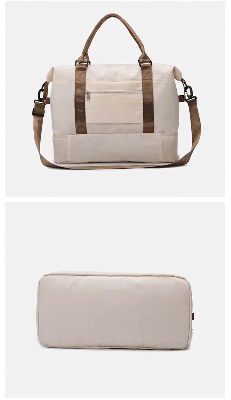 sac de voyage cabine Flexcarry beige avec anses marron, vue face et dessous, bagage cabine pratique