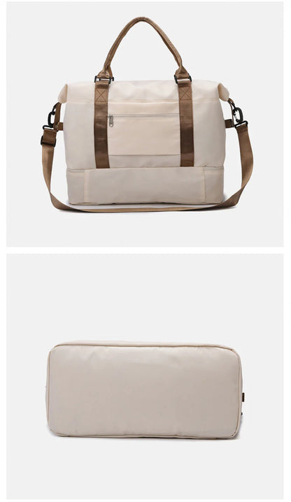 sac de voyage cabine Flexcarry beige avec anses marron, vue face et dessous, bagage cabine pratique