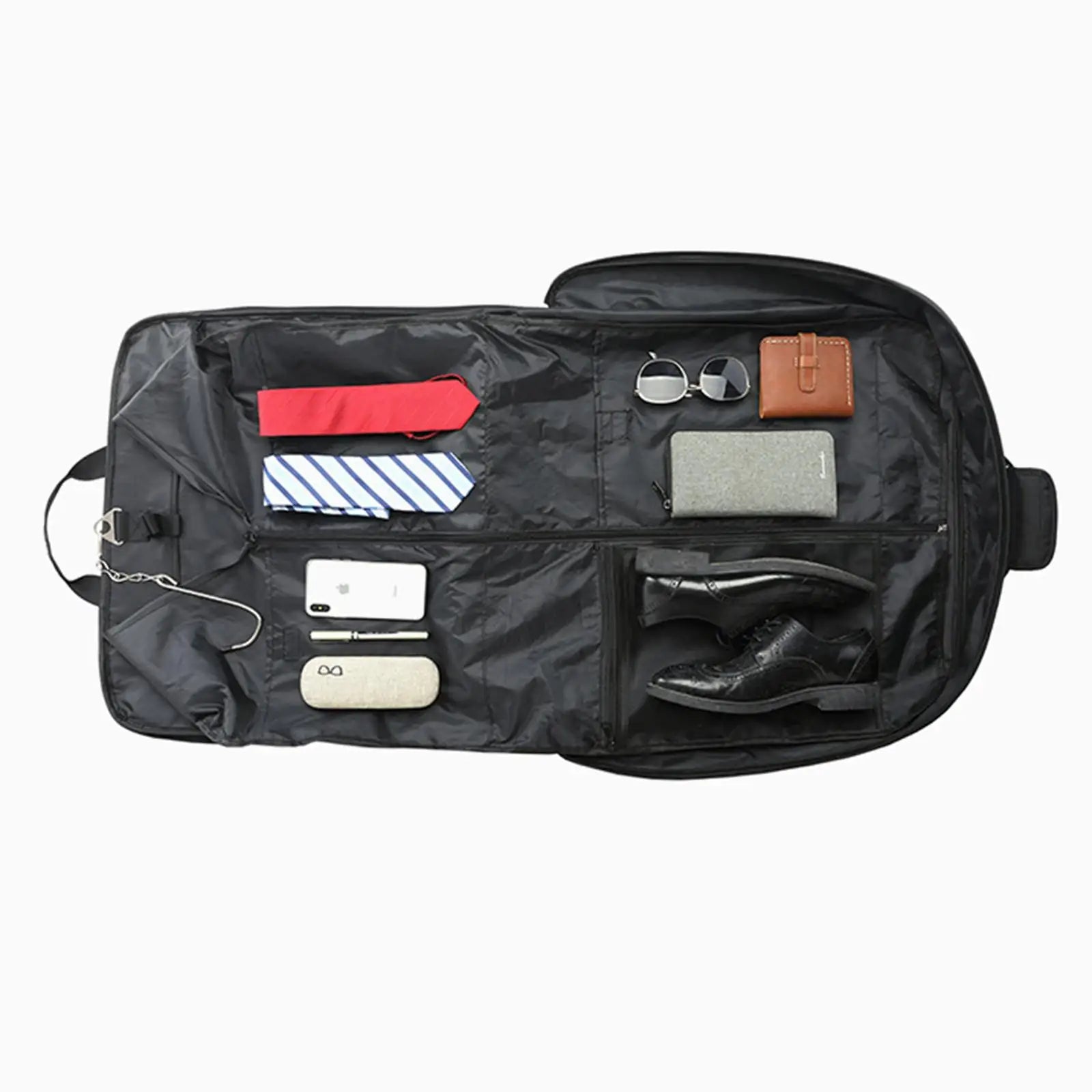 sac de voyage costume anti-froisse suspendu ouvert, rangement organisé accessoires