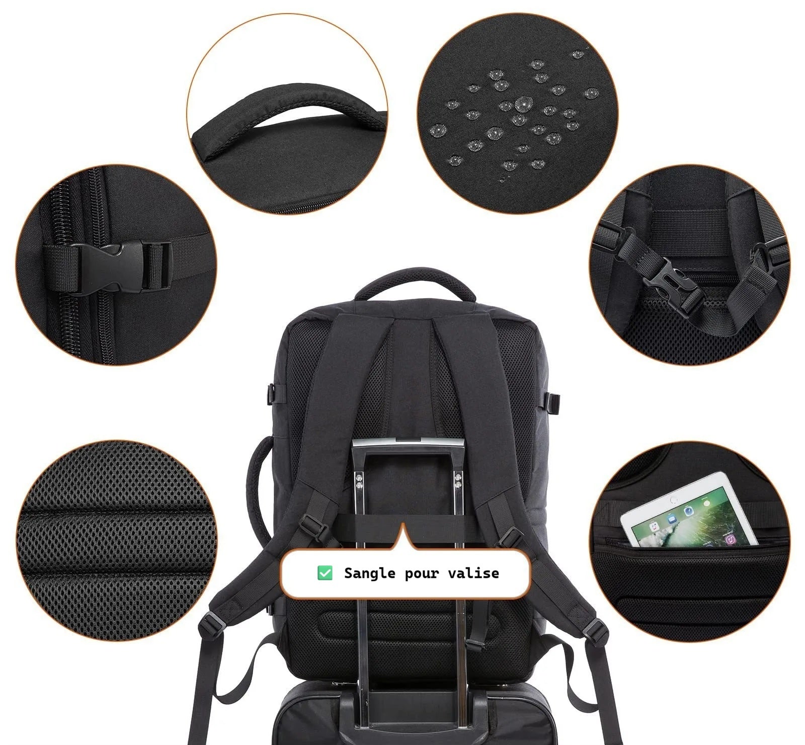 Sac valise cabine extensible homme 40L imperméable avec cubes de rangement inclus caracterestiques techniques