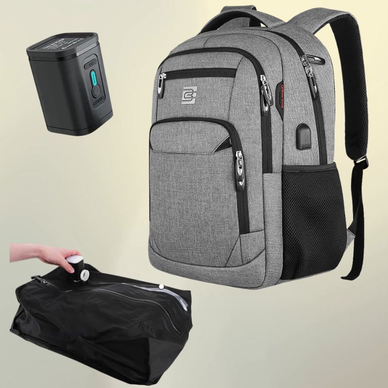 Sac a dos compression sous vide CabinePress™ : sac cabine 35L + pompe USB 1300mAh + sac compression 17L. Réduction 70% du volume. Port USB, ordinateur 15.6″.
