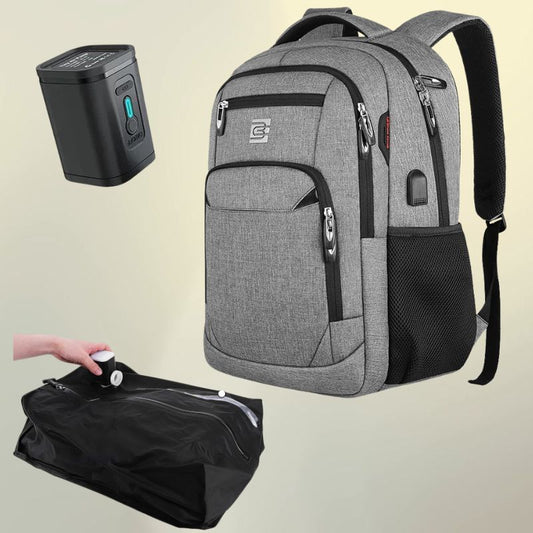 Sac a dos compression sous vide CabinePress™ : sac cabine 35L + pompe USB 1300mAh + sac compression 17L. Réduction 70% du volume. Port USB, ordinateur 15.6″.