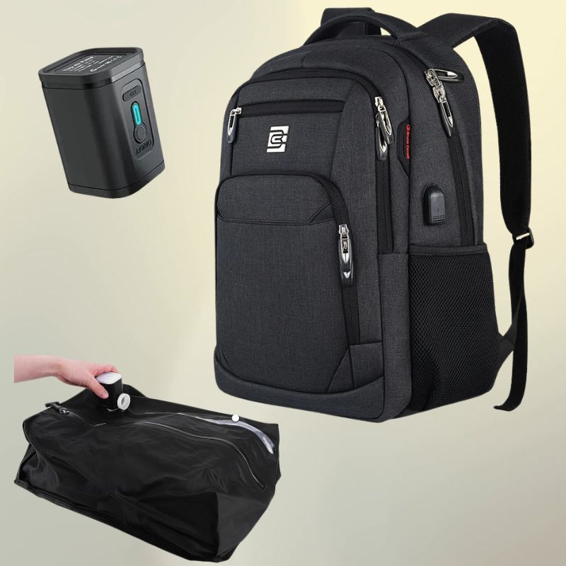 Sac a dos compression sous vide CabinePress™ : sac cabine 35L + pompe USB 1300mAh + sac compression 17L. Réduction 70% du volume. Port USB, ordinateur 15.6″.
