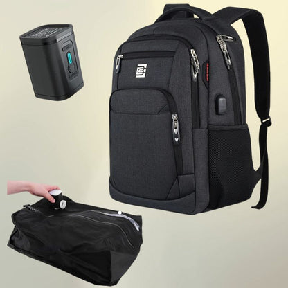 Sac a dos compression sous vide CabinePress™ : sac cabine 35L + pompe USB 1300mAh + sac compression 17L. Réduction 70% du volume. Port USB, ordinateur 15.6″.