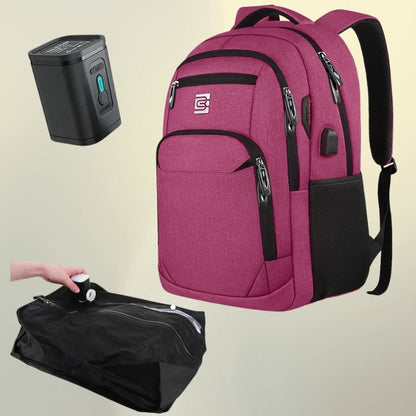 Sac a dos compression sous vide CabinePress™ : sac cabine 35L + pompe USB 1300mAh + sac compression 17L. Réduction 70% du volume. Port USB, ordinateur 15.6″.