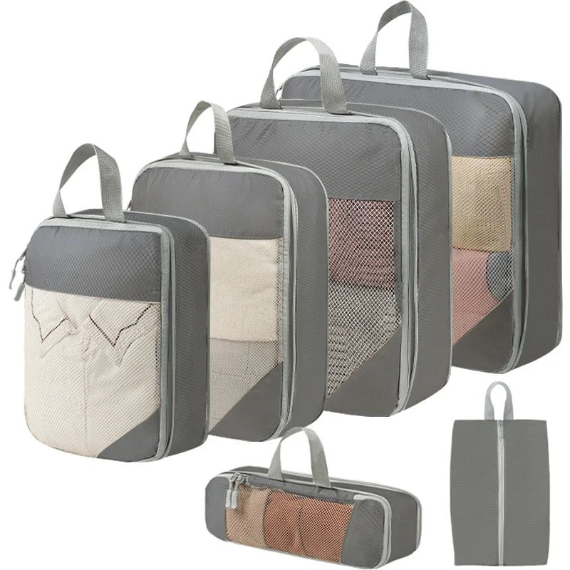 Organisateurs de valise compressibles TravelPack™ couleur gris – set de 6 sacs de compression pour voyages et placards