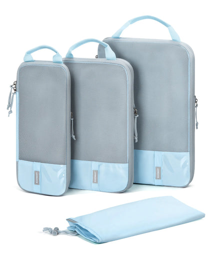 Organisateur de valise compression CompactFlex™ set 4 pièces, cubes de rangement compressibles pour valise cabine, gain de place, vêtements organisés et sans froissements.