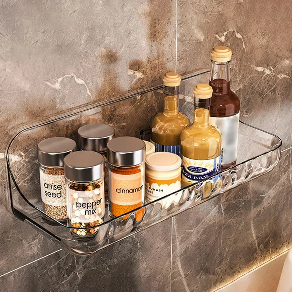 Étagère murale design LumiRack™ – élégante, sans perçage, en acrylique transparent. Sublimez salle de bain et maison avec style et praticité.