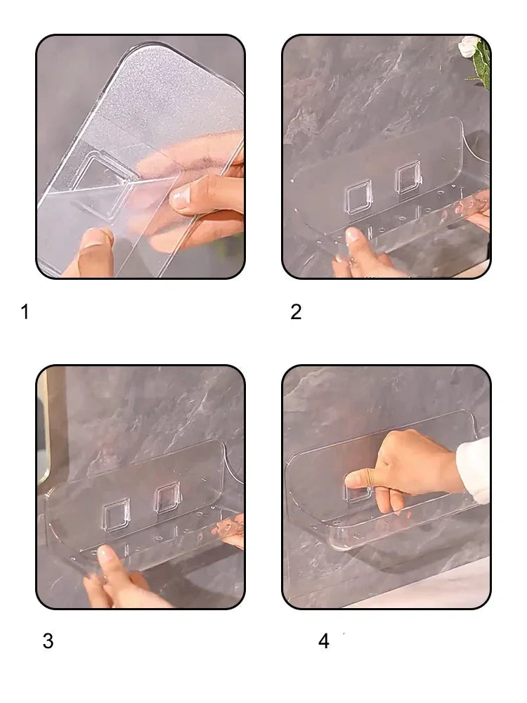 Étagère murale design LumiRack™ – élégante, sans perçage, en acrylique transparent. Sublimez salle de bain et maison avec style et praticité.