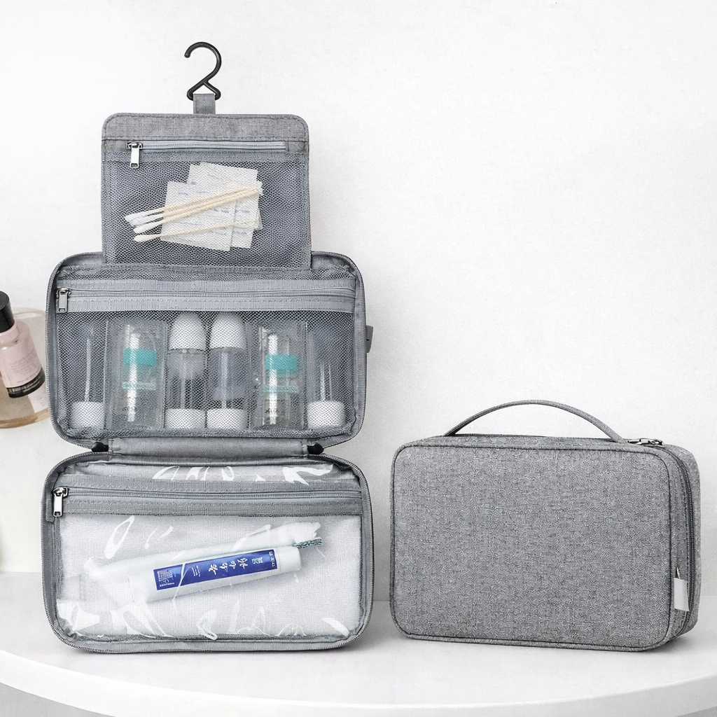 Trousse de toilette suspendue accrochée dans une salle de bain, solution pratique pour voyager et garder ses accessoires bien organisés * Gris - 3 compartiments