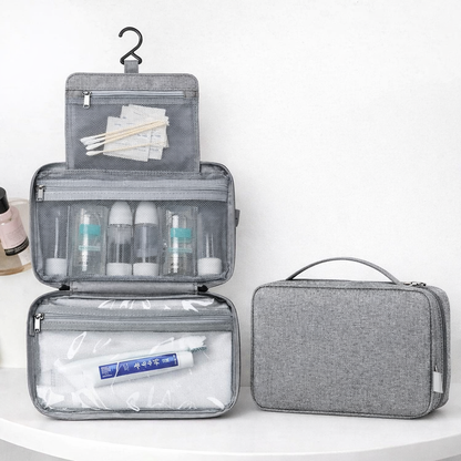Trousse de toilette suspendue accrochée dans une salle de bain, solution pratique pour voyager et garder ses accessoires bien organisés * Gris - 3 compartiments