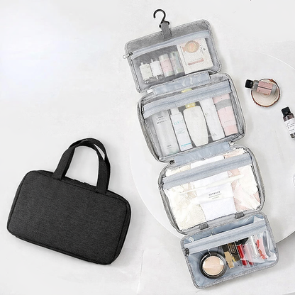 Trousse de toilette suspendue accrochée dans une salle de bain, solution pratique pour voyager et garder ses accessoires bien organisés noir 4 compartiments