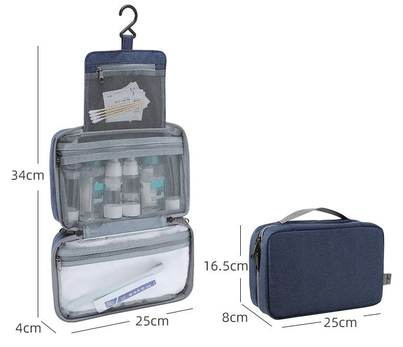 Trousse de toilette de voyage suspendue avec dimensions détaillées, montrant le format ouvert à compartiments multiples et le format fermé compact pour valise.