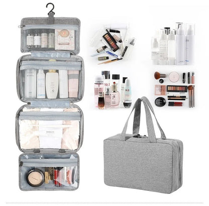 Trousse de toilette de voyage montrant la capacité de rangement pour produits de soin, maquillage et flacons, avant et après organisation