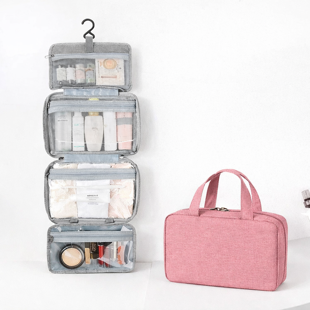 Trousse de toilette suspendue accrochée dans une salle de bain, solution pratique pour voyager et garder ses accessoires bien organisés * Rose 4 compartiments