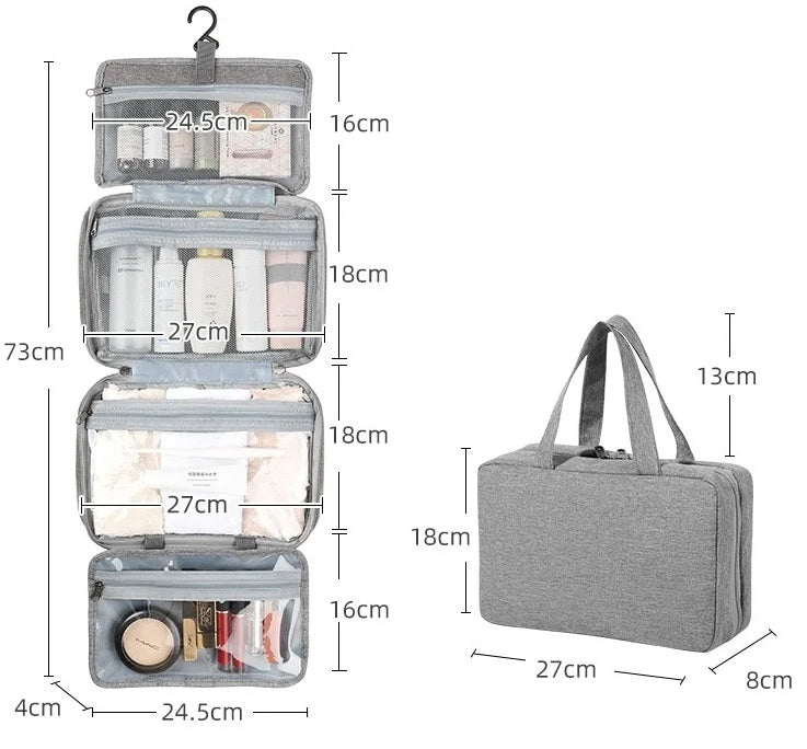 Trousse de toilette de voyage suspendue avec dimensions détaillées, montrant le format ouvert à compartiments multiples et le format fermé compact pour valise.