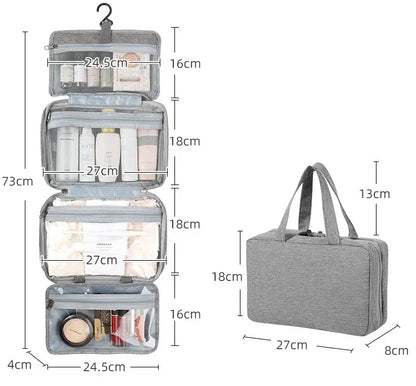 Trousse de toilette de voyage suspendue avec dimensions détaillées, montrant le format ouvert à compartiments multiples et le format fermé compact pour valise.