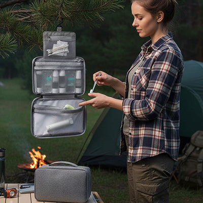 Trousse de toilette suspendue rose pour voyage et camping, avec plusieurs compartiments pour produits de soin et maquillage.