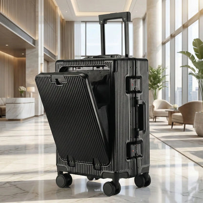 Valise cabine 20 pouces AirFrame Pro noire avec ouverture frontale, idéale pour voyager en cabine avec accès rapide aux affaires